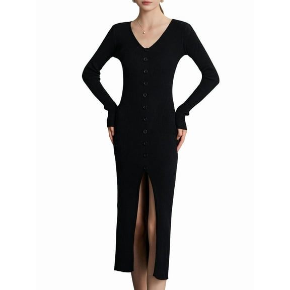Women'S V-Neck Front Slit Rib Button Down Sweater Dress Black M