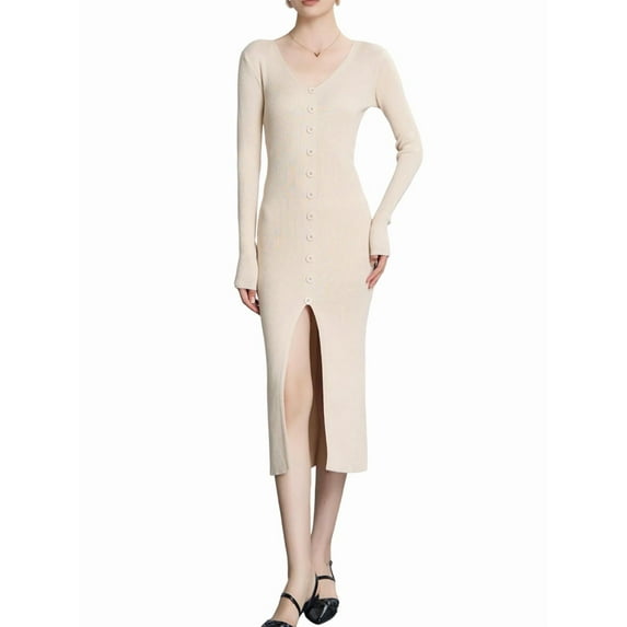 Women'S V-Neck Front Slit Rib Button Down Sweater Dress Cream White L