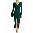 thumbnail image 1 of Women'S V-Neck Front Slit Rib Button Down Sweater Dress Dark Green M, 1 of 7