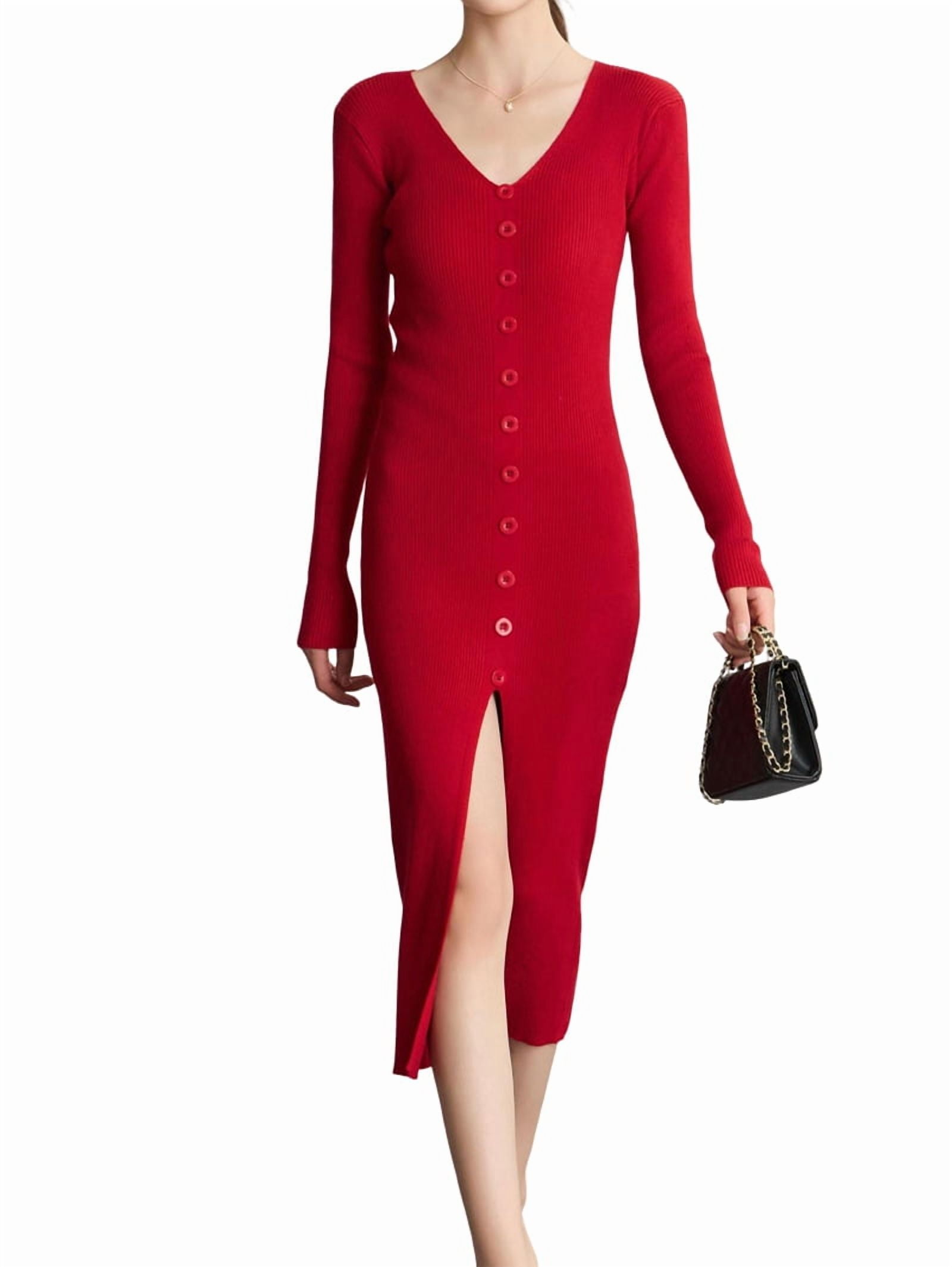 fitted lace wedding dress Burgundy Sweater Dress With Button Detail