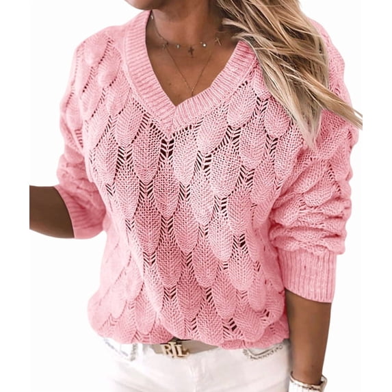 Women'S V Neck Hollowed Out Sweater Long Sleeve Knit Pullover Sweater Pink L