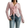 thumbnail image 1 of Women'S V Neck Lace Sheer Top Mesh See Through Shirts Open Front Tie Long Sleeve Blouses Y2k Going Out Tops Pink S, 1 of 9