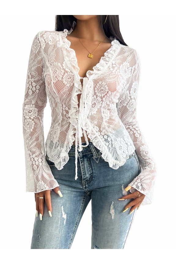 Women'S V Neck Lace Sheer Top Mesh See Through Shirts Open Front Tie Long Sleeve Blouses Y2k Going Out Tops White S
