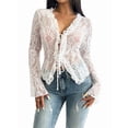 thumbnail image 1 of Women'S V Neck Lace Sheer Top Mesh See Through Shirts Open Front Tie Long Sleeve Blouses Y2k Going Out Tops White S, 1 of 10