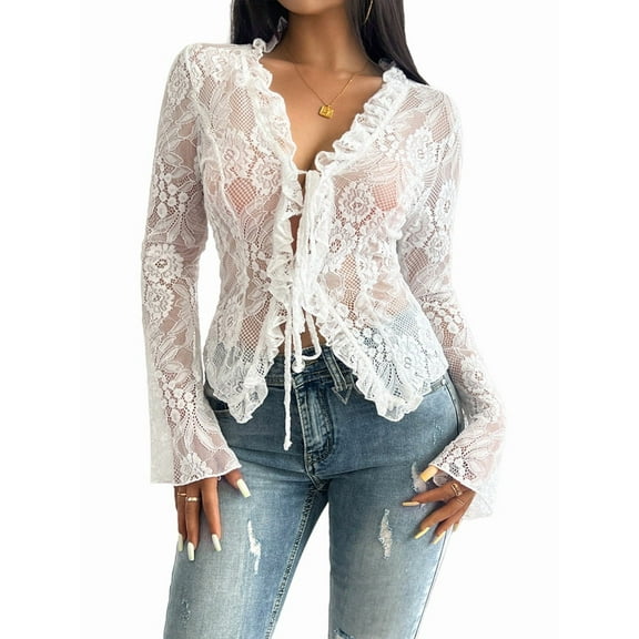 Women'S V Neck Lace Sheer Top Mesh See Through Shirts Open Front Tie Long Sleeve Blouses Y2k Going Out Tops White XL