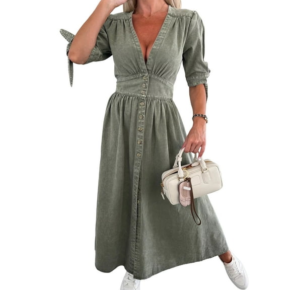 Women'S V-Neck Long Fashion Button Denim Dress Mid-Waist Short Sleeve Slit Maxi Dress Army Green M