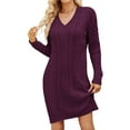 thumbnail image 1 of Women'S V Neck Long Sleeve Above the Knee Relaxed Pullover Fall Sweater Dresses Purple Red M, 1 of 7