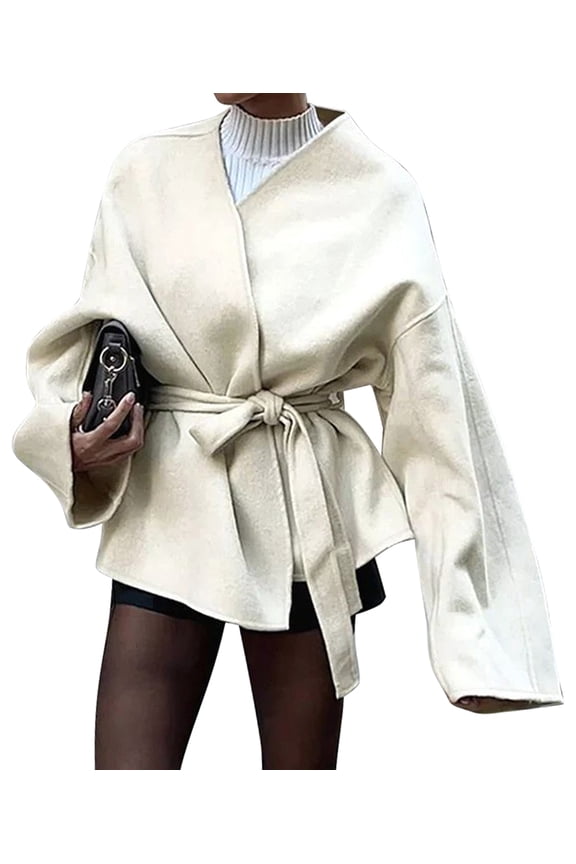 Women'S V-Neck Long Sleeve Belted Wrap Style Pea Coat Winter Warm Jacket Cream White M