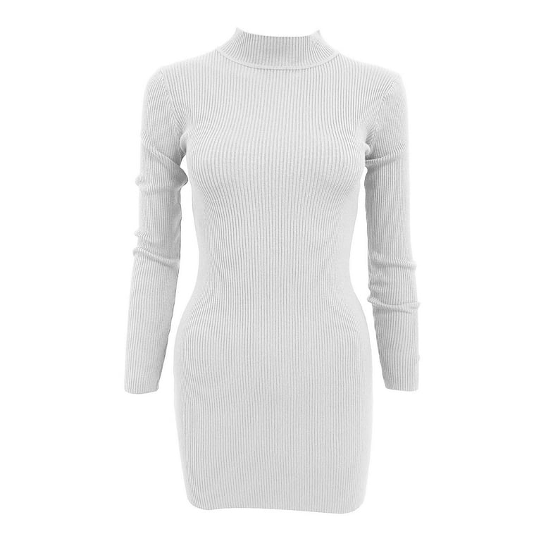Women'S V Neck Long Sleeve Dress Knit Ribbed Sweater Dress Bodycon Mini  Dress Casual Dresses for Women White,M 
