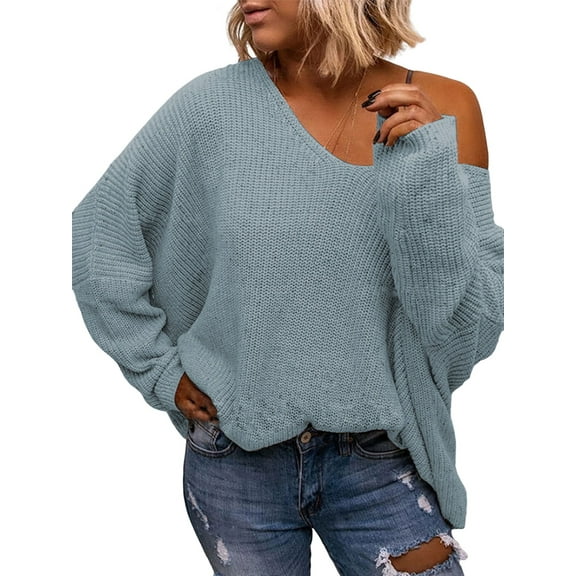 Women'S V Neck Long Sleeve Knit Loose Oversized Pullover Sweater Top Aqua Blue L