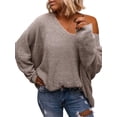 thumbnail image 1 of Women'S V Neck Long Sleeve Knit Loose Oversized Pullover Sweater Top Camel Color S, 1 of 4