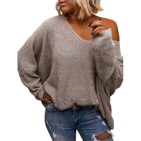 Women'S V Neck Long Sleeve Knit Loose Oversized Pullover Sweater Top Camel Color XL