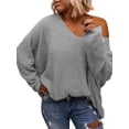thumbnail image 1 of Women'S V Neck Long Sleeve Knit Loose Oversized Pullover Sweater Top Gray XS, 1 of 5
