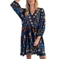 thumbnail image 1 of Women'S V-Neck Long Sleeve Printed Short Dress Loose Casual Bohemian Style Mini Beach Dress Blue L, 1 of 9