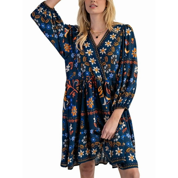 Women'S V-Neck Long Sleeve Printed Short Dress Loose Casual Bohemian Style Mini Beach Dress Blue S