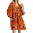 thumbnail image 1 of Women'S V-Neck Long Sleeve Printed Short Dress Loose Casual Bohemian Style Mini Beach Dress Orange L, 1 of 9