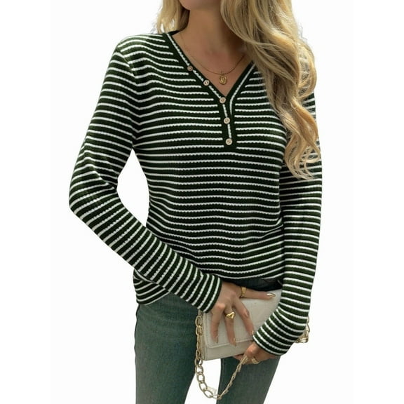 Women'S V-Neck Long Sleeve Striped Knit Button Shirt Autumn Casual Loose Elegant Tunic Top Army Green XXL