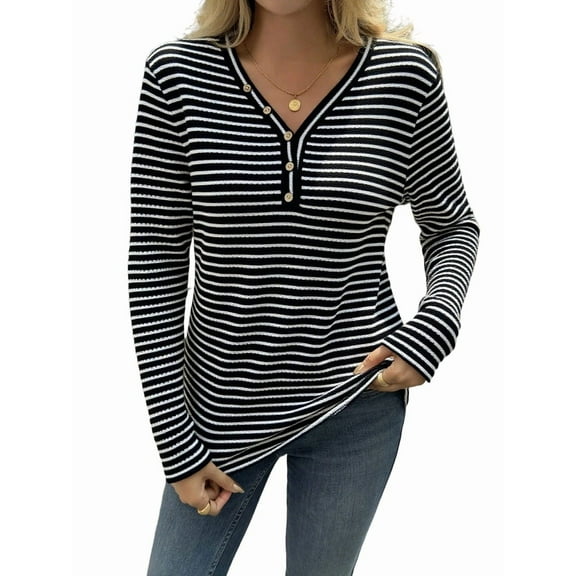 Women'S V-Neck Long Sleeve Striped Knit Button Shirt Autumn Casual Loose Elegant Tunic Top Black XXL