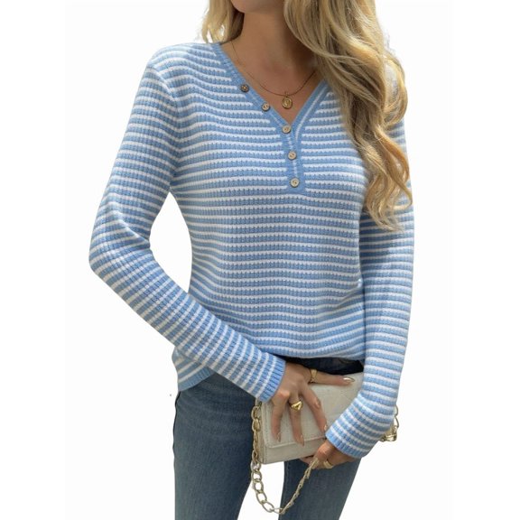 Women'S V-Neck Long Sleeve Striped Knit Button Shirt Autumn Casual Loose Elegant Tunic Top Blue L