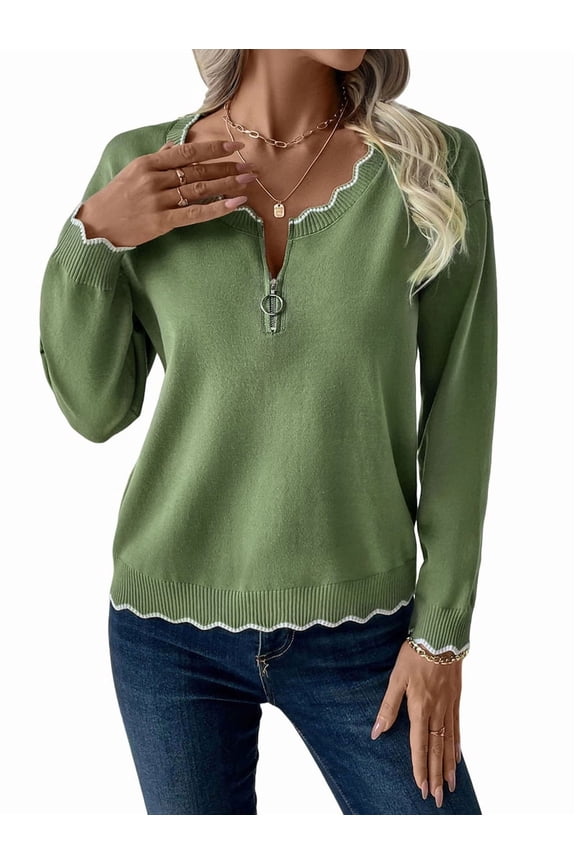 Women'S V Neck Long Sleeve Sweater Half Zipper Knit Sweater Casual Cricket Stripe Jumper Pullover Knit Tops Green L