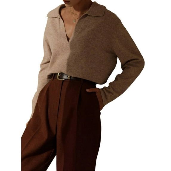 Women'S V Neck Long Sleeve Sweaters Dressy Casual Business Basic Knit Pullover Top Camel Color One size