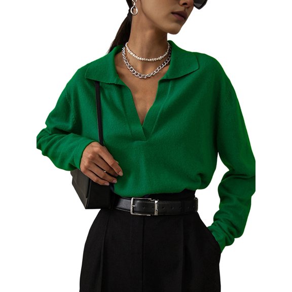Women'S V Neck Long Sleeve Sweaters Dressy Casual Business Basic Knit Pullover Top Green One size