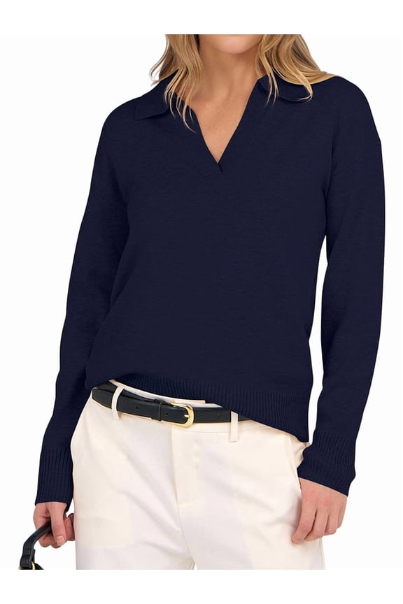 Women'S V Neck Long Sleeve Sweaters Dressy Casual Business Basic Knit Pullover Top Navy Blue M
