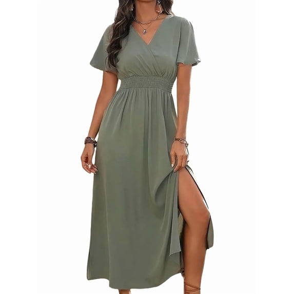 Women'S V Neck Maxi Dress Casual Vacation Short Sleeve Summer Dress Beach Boho Chic Day Gown Olive Green XL