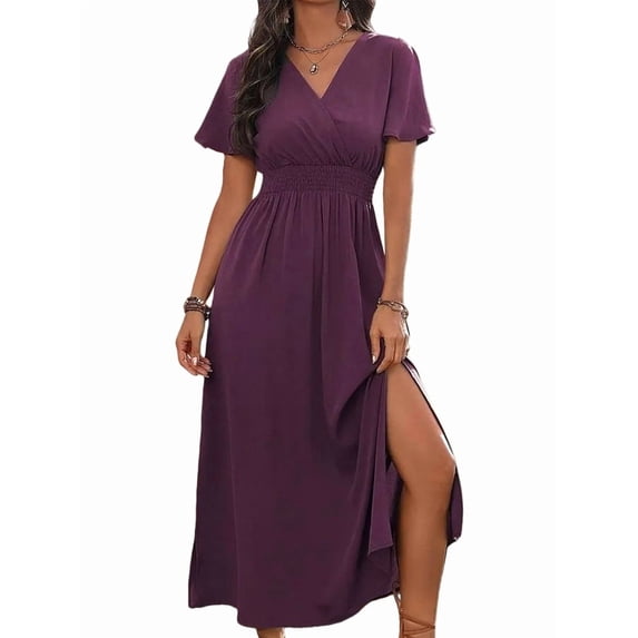 Women'S V Neck Maxi Dress Casual Vacation Short Sleeve Summer Dress Beach Boho Chic Day Gown Rose Red XS