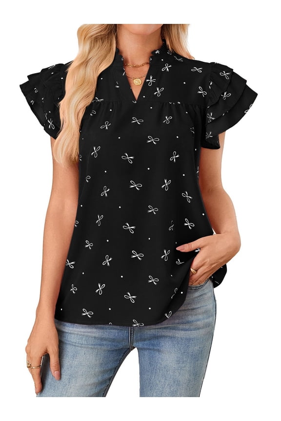 Women'S V-Neck Multi-Layer Ruffle Sleeve Sweet Chiffon Blouse Elegant Casual Tops Black L