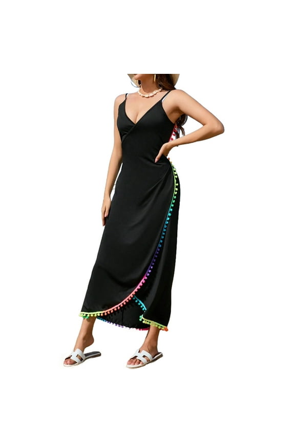 Women'S V Neck Open Back Beach Cover Up Contrast Trim Sleeveless Wrap Dress Black L