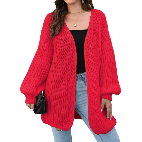 Women'S V-Neck Open Front Chunky Cardigan Lantern Long Sleeve Oversized Knit Outwear with Pocket Red One size