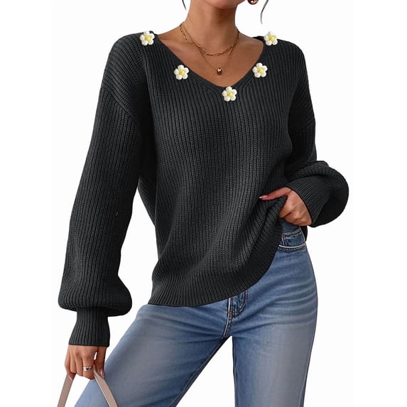 Women'S V Neck Oversized Long Lantern Sleeve Pullover Sweater Flower Embroidery Loose Fit Fall Outfits Black S