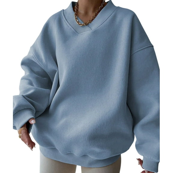 Women'S V Neck Oversized Sweatshirts Casual Drop Shoulder Long Sleeve Pullover Tops Blue S