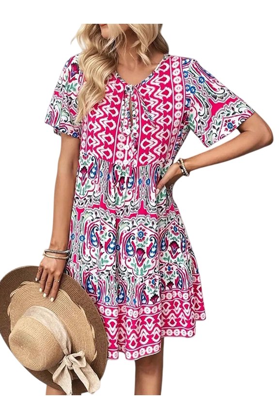 Women'S V Neck Patchwork Dress Bohemian Print Mini Skirt Summer Casual Beach Chic Pink XL