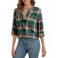 thumbnail image 1 of Women'S V Neck Plaid Shirts Dressy Casual Button-Down Business Work Boho Tops Long Sleeve Fall Outfits Dark Green S, 1 of 7