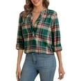 thumbnail image 1 of Women'S V Neck Plaid Shirts Dressy Casual Button-Down Business Work Boho Tops Long Sleeve Fall Outfits Dark Green XL, 1 of 9