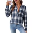 thumbnail image 1 of Women'S V Neck Plaid Shirts Dressy Casual Button-Down Business Work Boho Tops Long Sleeve Fall Outfits Navy Blue S, 1 of 9
