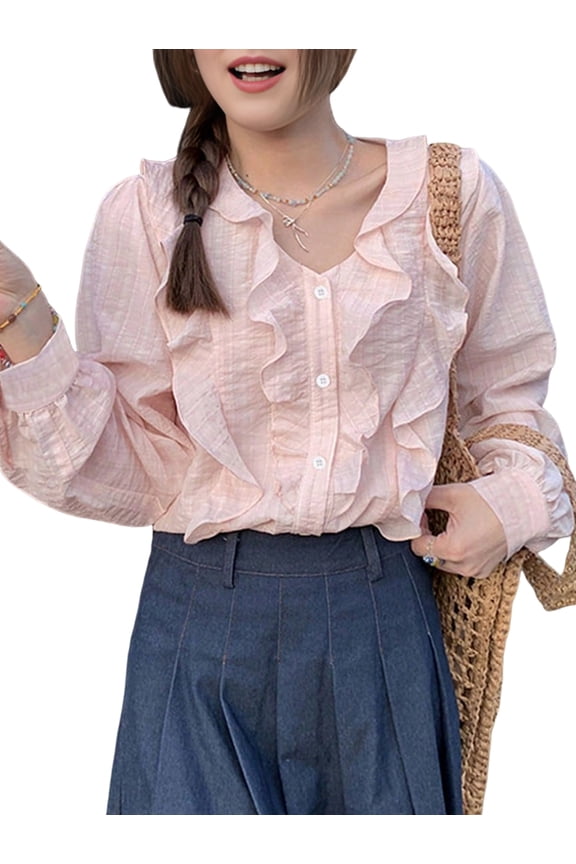 Women'S V Neck Pleated 3D Floral Flared Long Sleeve Dressy Blouses Tops Pink M
