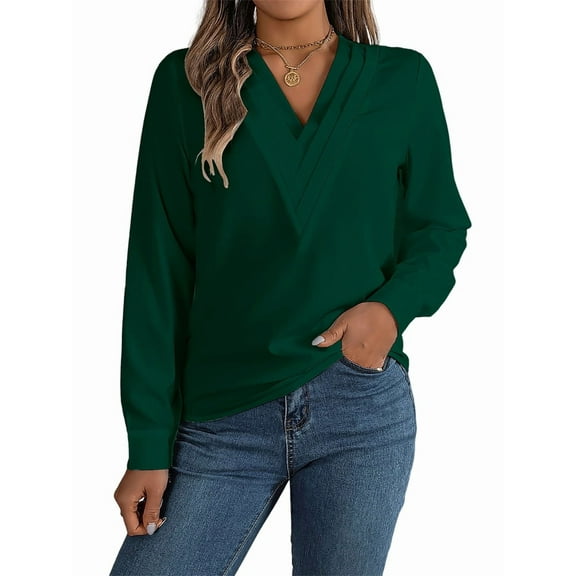 Women'S V-Neck Pleated Blouse Long Sleeve Office Wear Top Green L