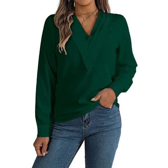 Women'S V-Neck Pleated Blouse Long Sleeve Office Wear Top Green XL