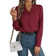 thumbnail image 1 of Women'S V-Neck Pleated Blouse Long Sleeve Office Wear Top Red M, 1 of 8