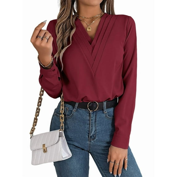 Women'S V-Neck Pleated Blouse Long Sleeve Office Wear Top Red M