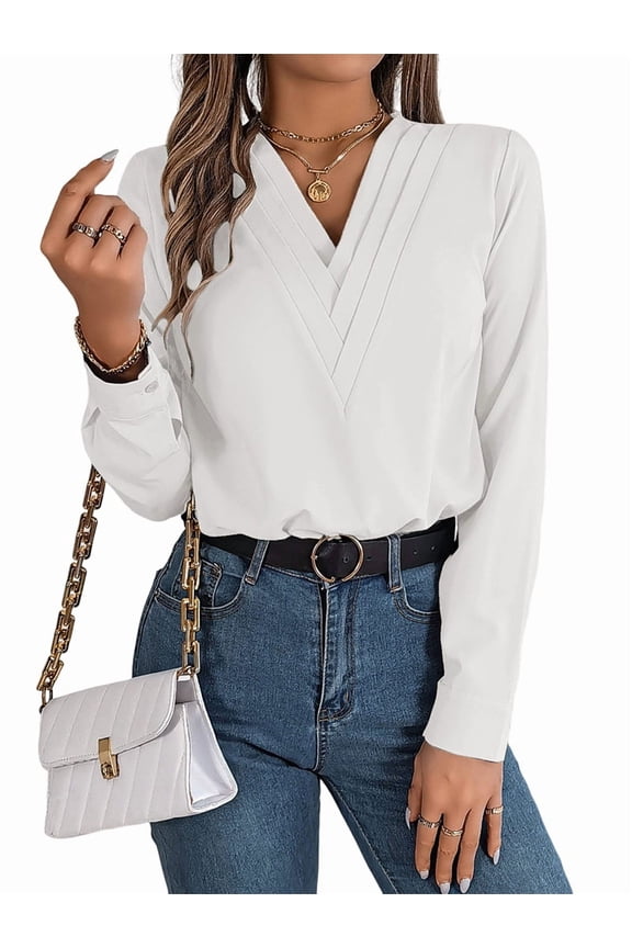 Women'S V-Neck Pleated Blouse Long Sleeve Office Wear Top White XXL