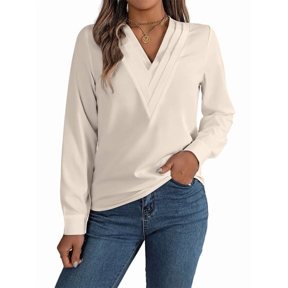 Women'S V-Neck Pleated Blouse Long Sleeve Office Wear Top XL