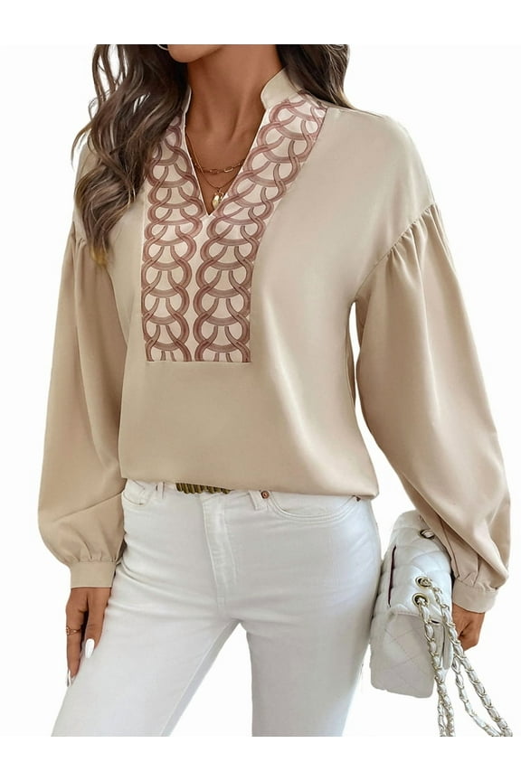 Women'S V-Neck Pleated Long Sleeve Office Top Retro Elegant Open-Front Circular Pattern Stand Collar Shirt L