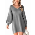 thumbnail image 1 of Women'S V-Neck Puff Sleeve Knitted Sweater Dress Autumn and Winter Casual Knitted Pullover Long Sleeve Dress Grey L, 1 of 9