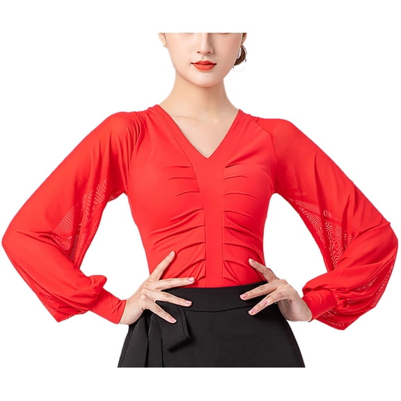 Women'S V Neck Ruched Front Bust Top Shirt Bodysuit Mesh Puff Sleeves For Salsa Bachata Merengue Dance