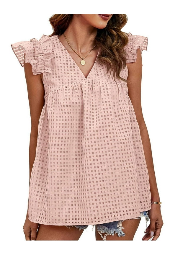 Women'S V-Neck Ruffle Babydoll Blouse - Sheer Peplum Top, Flowy Casual Loose Fit, Feminine Summer Shirt Pink L
