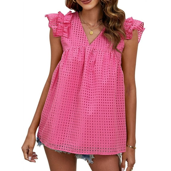 Gdvsclr Women'S V-Neck Ruffle Babydoll Blouse - Sheer Peplum Top, Flowy Casual Loose Fit, Feminine Summer Shirt Rose Red S